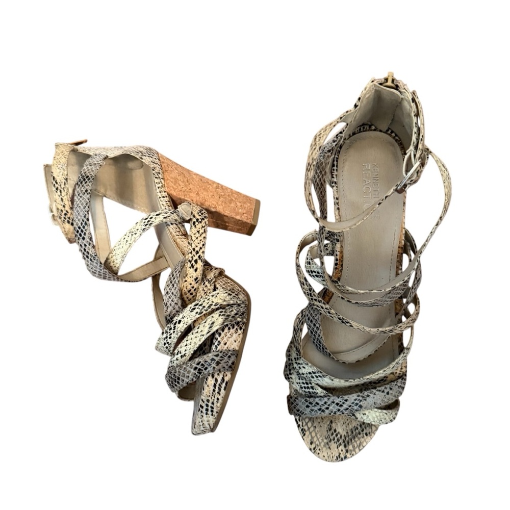 Kenneth Cole Reaction Snakeskin Pumps Sandals Cream Black Women Size 7.5